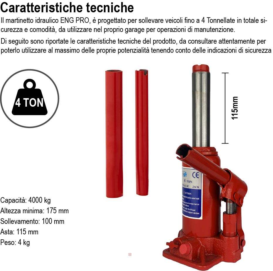 Cric auto sollevatore idraulico martinetto a bottiglia 4 t - ENG PRO MA CB 0004
